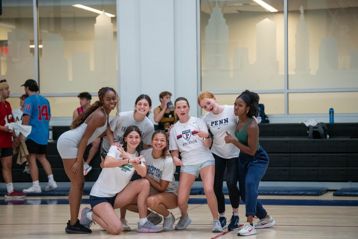 Students playing dodgeball group picture